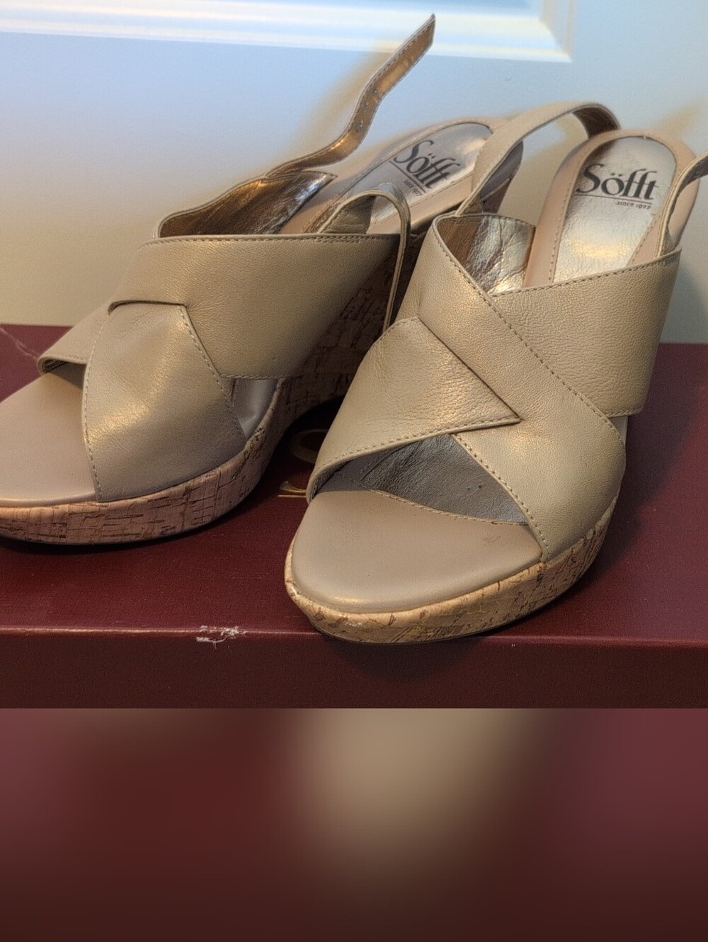 Sofft Taupe Leather Cork Wedge Sandals
